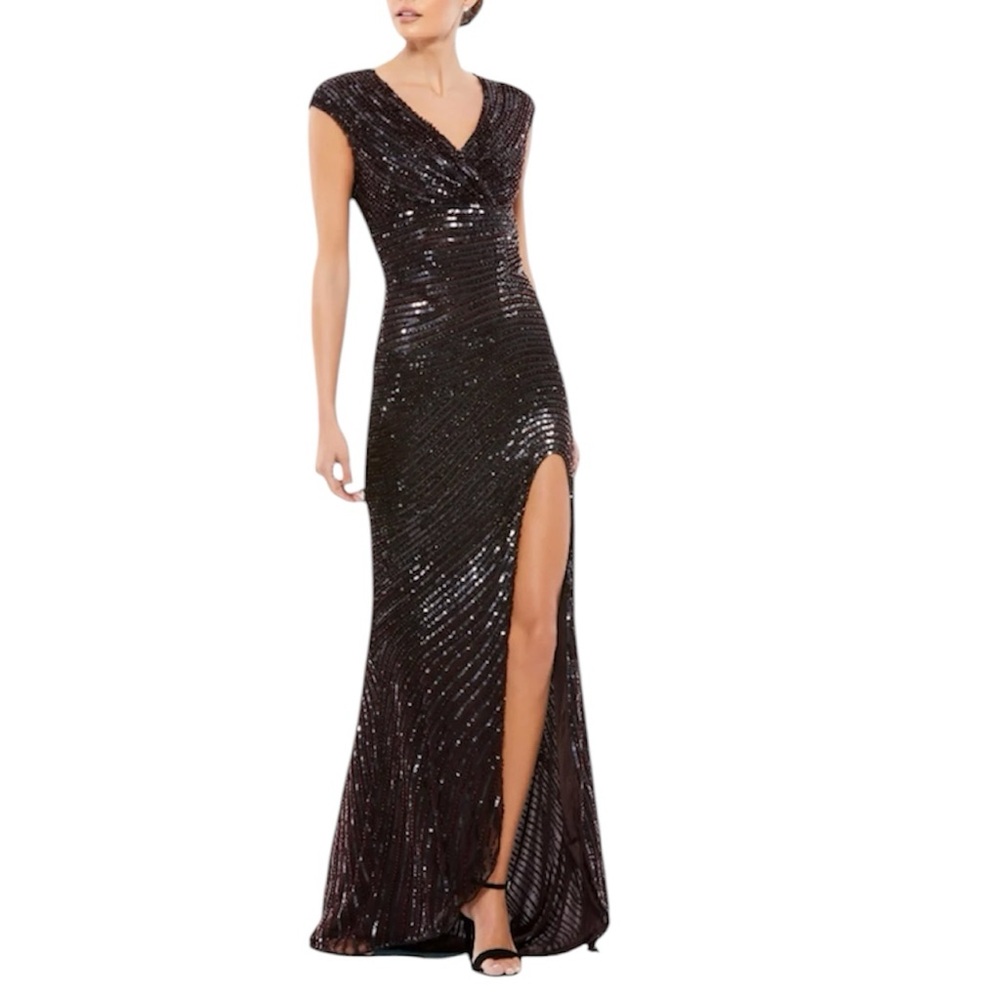 Mac Duggal Dark Brown Cap Sleeve Sequined Evening Gown NWT